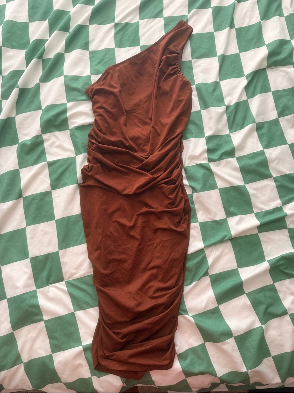 One-Shoulder Brown Ruched Mini Dress